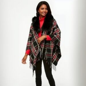 J. Crew Red Green Plaid Cape Scarf With Faux Fur Collar